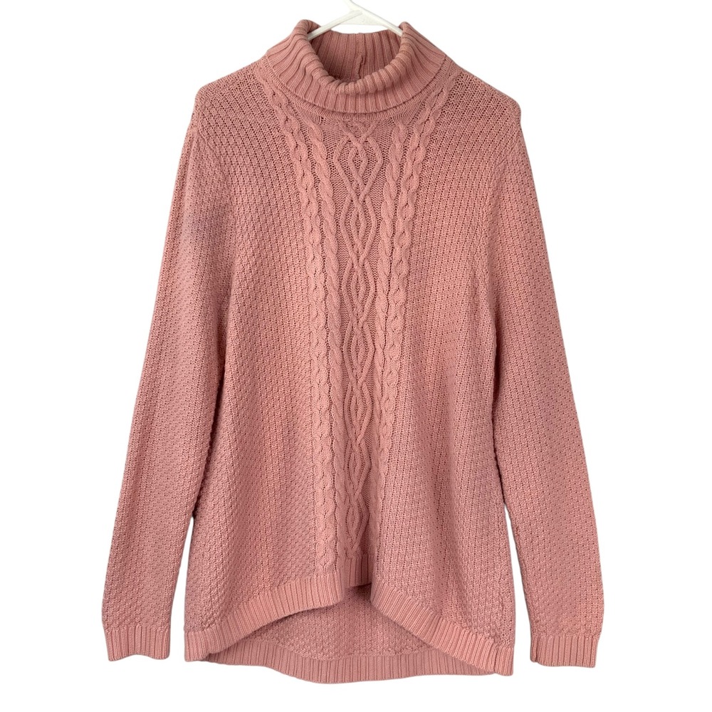 Jeanne Pierre Pink Sweater Large Pullover Turtleneck Long Sleeve Cable Knit